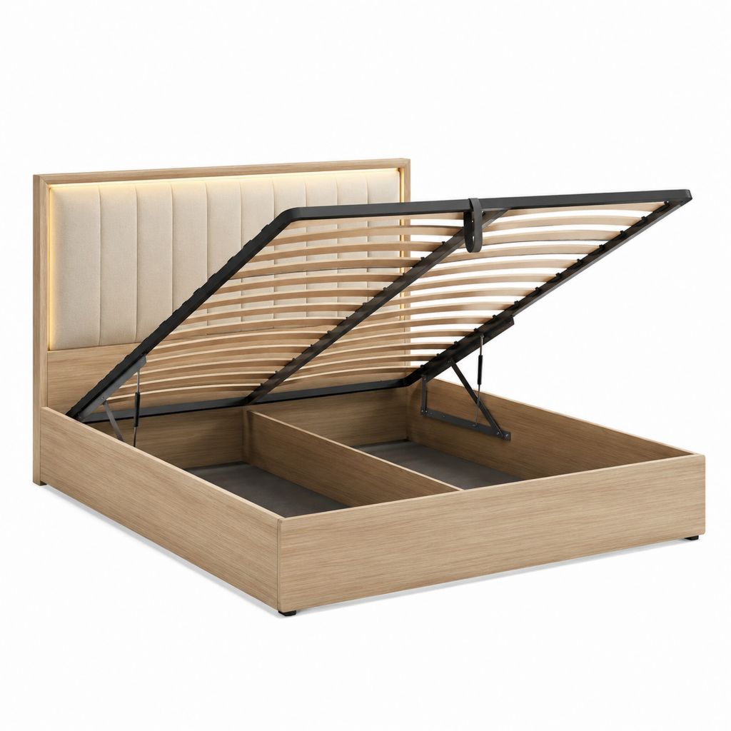 Stauraumbett 160 x 200 cm in Eiche Natur mit beige gepolstertem Kopfteil und Gasdruckfeder-Lattenrost