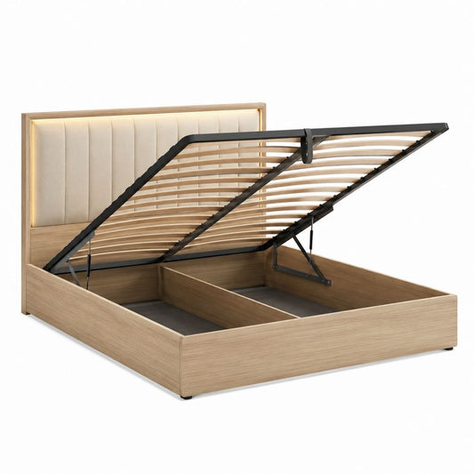 Stauraumbett 160 x 200 cm in Eiche Natur mit beige gepolstertem Kopfteil und Gasdruckfeder-Lattenrost