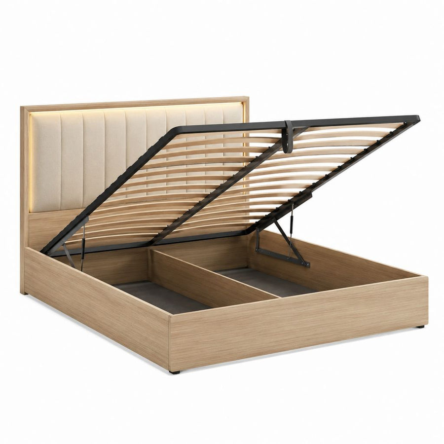 Stauraumbett 160 x 200 cm in Eiche Natur mit beige gepolstertem Kopfteil und Gasdruckfeder-Lattenrost