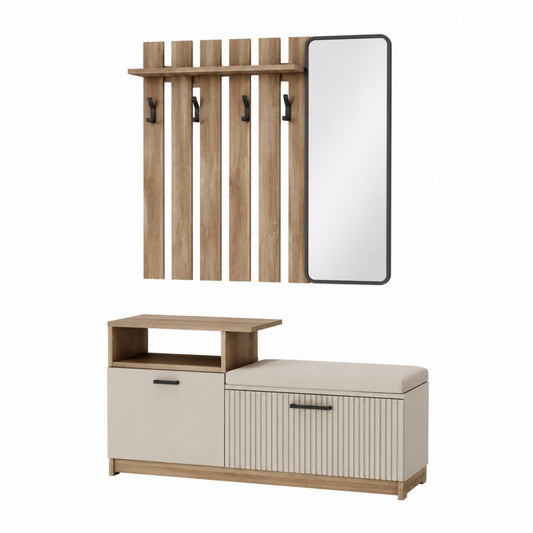 Garderoben-Set mit Spiegel Schuhschrank Sitzbank und Hakenleiste in Eiche-Optik Beige aus Spanplatte 120 x 40 x 200 cm
