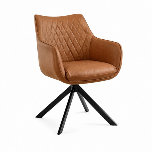 Esszimmerstuhl mit Armlehnen Cognac PU-Kunstleder Rautensteppung Stahlgestell 62 x 60 x 88 cm