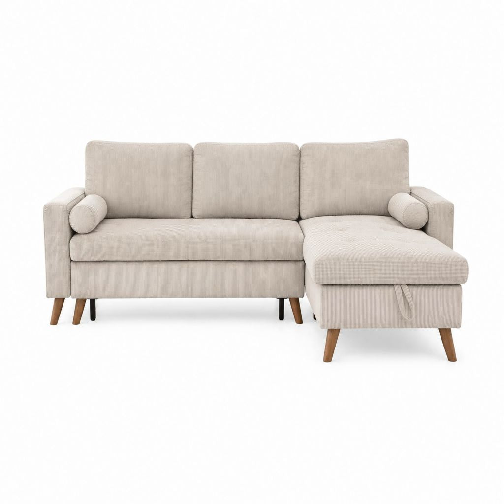 Schlafsofa mit Recamiere rechts Beige Polyester-Cord 195 x 140 x 85 cm
