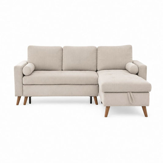 Schlafsofa mit Recamiere rechts Beige Polyester-Cord 195 x 140 x 85 cm